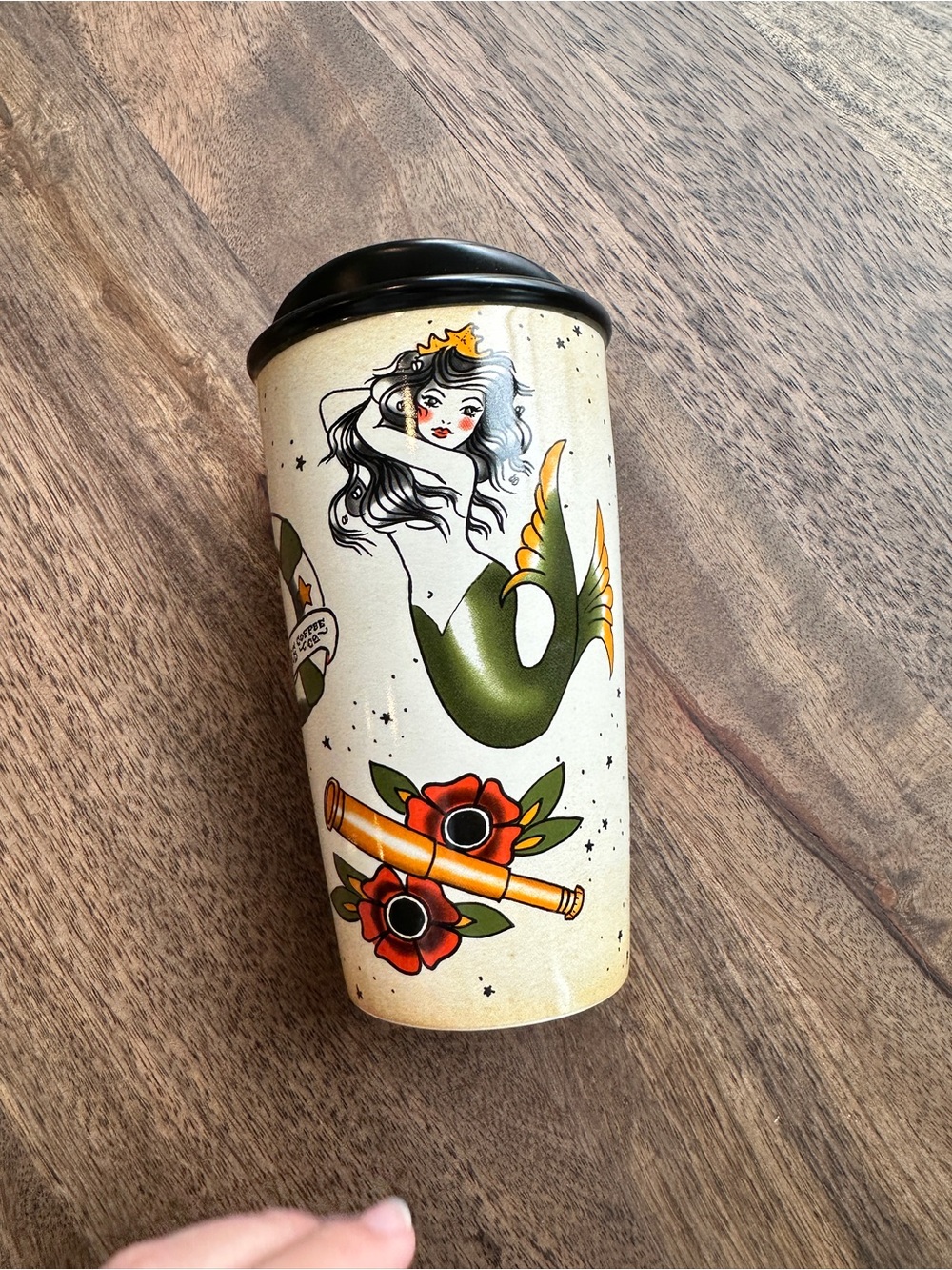 NWT Starbucks Mermaid Tattoo-Style Travel Mug with Black Lid